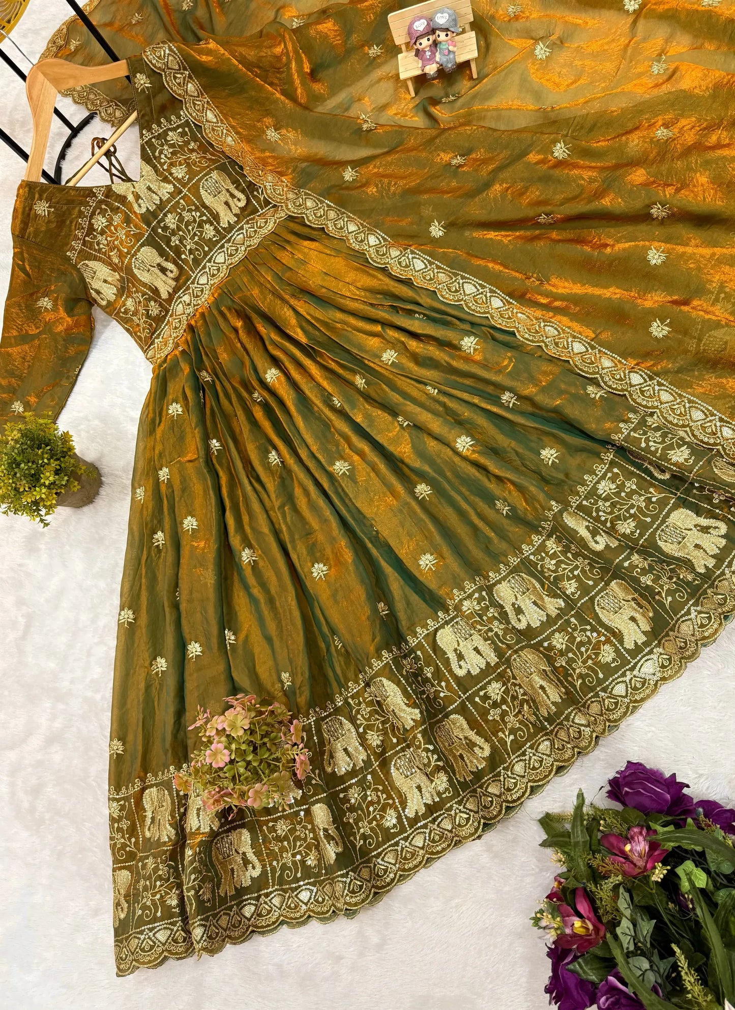 Muddy Green Embroidered Fendy Satin Gown