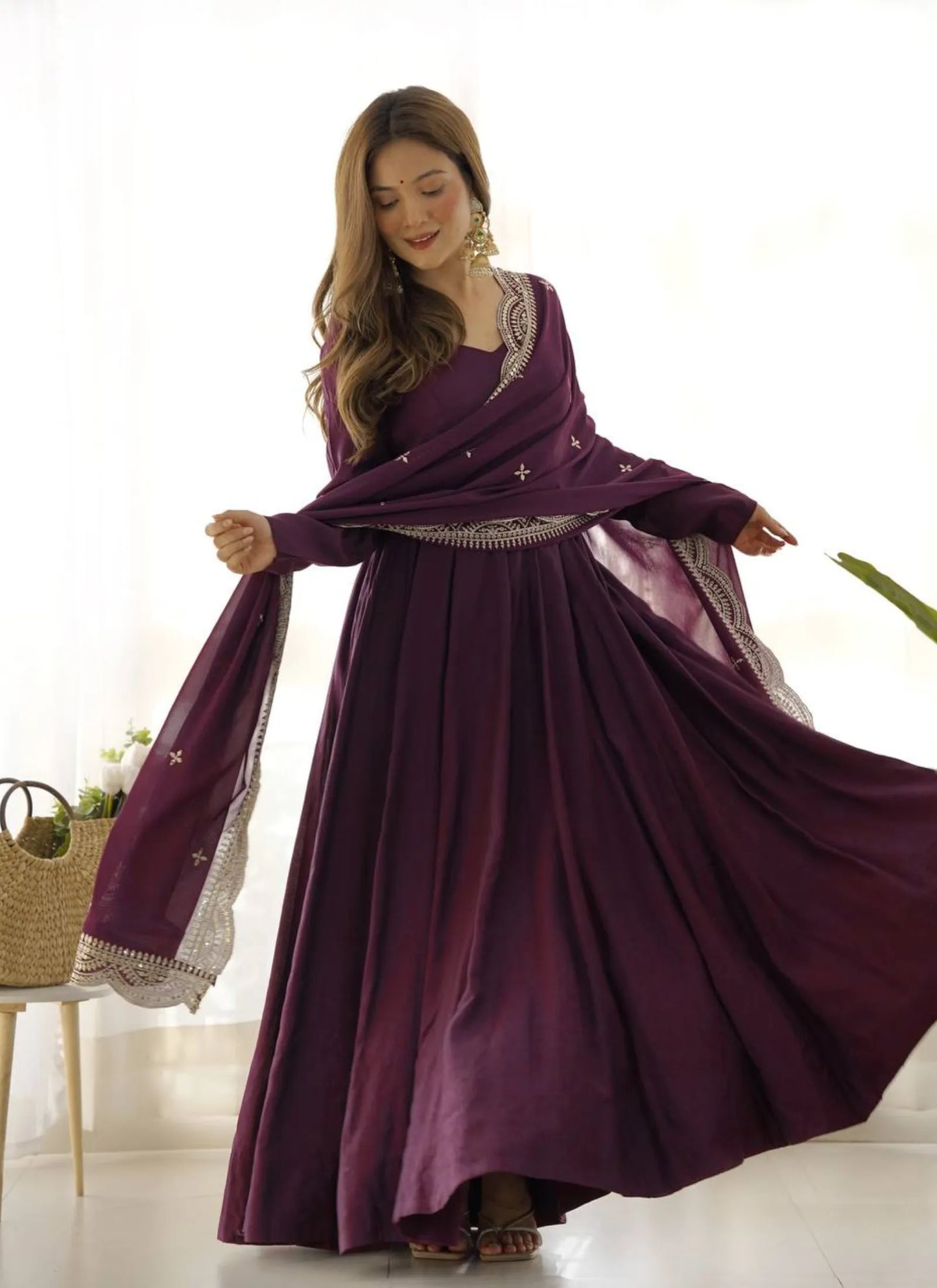 Pure Romansilk Chanderi Fabric Anarkali Wine