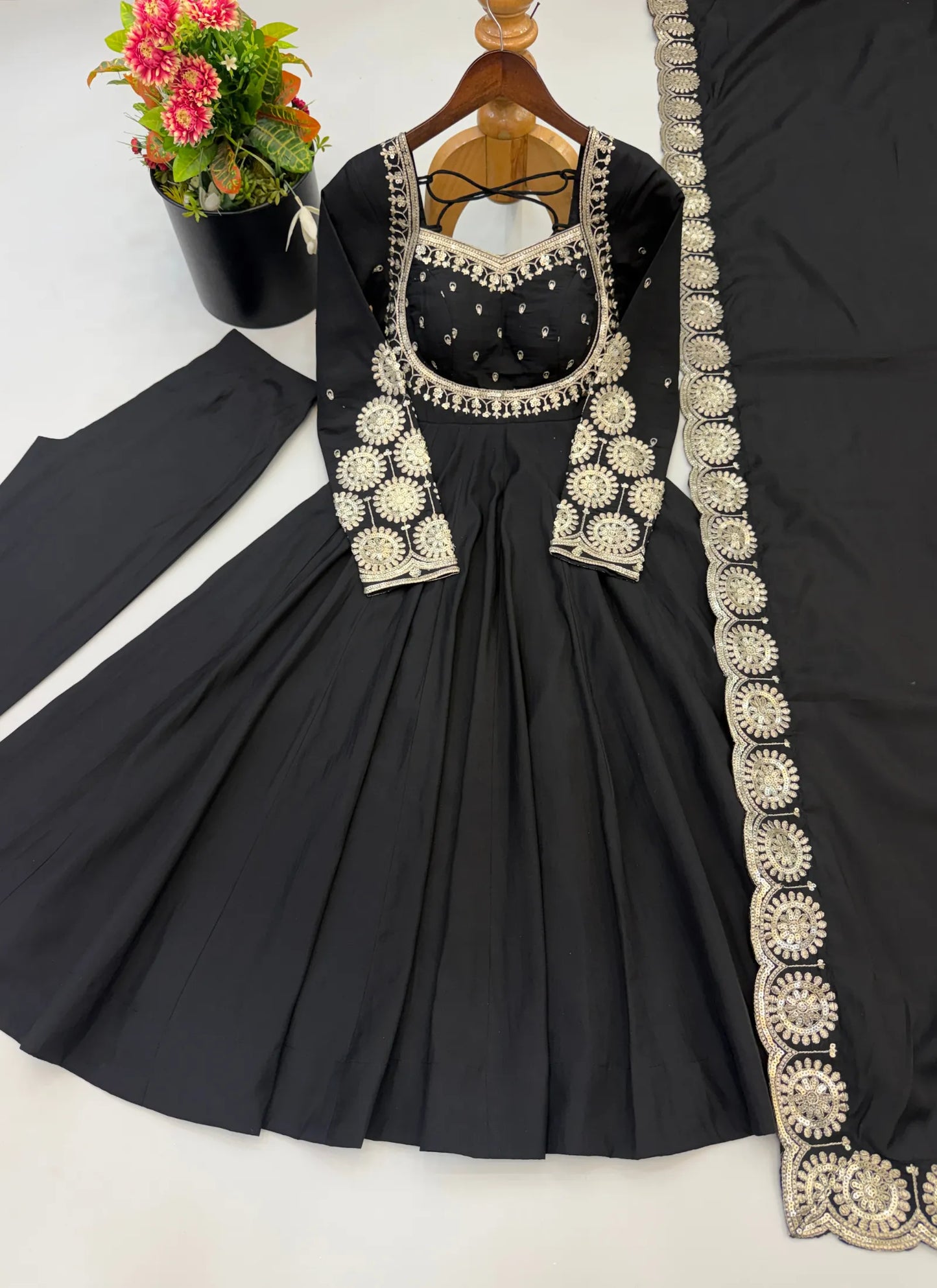 Black Roman Silk Designer Anarkali Suit