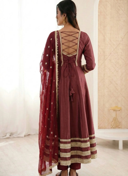 Maroon Heavy Lace Work Designer Anarkali Suit