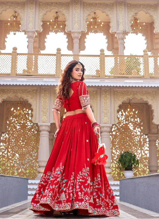 Red Pure Vichitra Silk Embroidery Thread Work Lehenga Choli