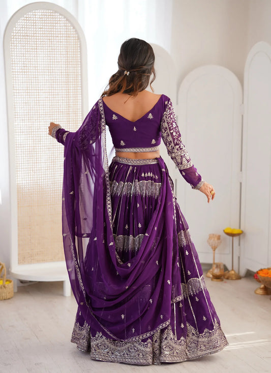 Purple Faux Georgette Thread Embroidery Lehenga Choli