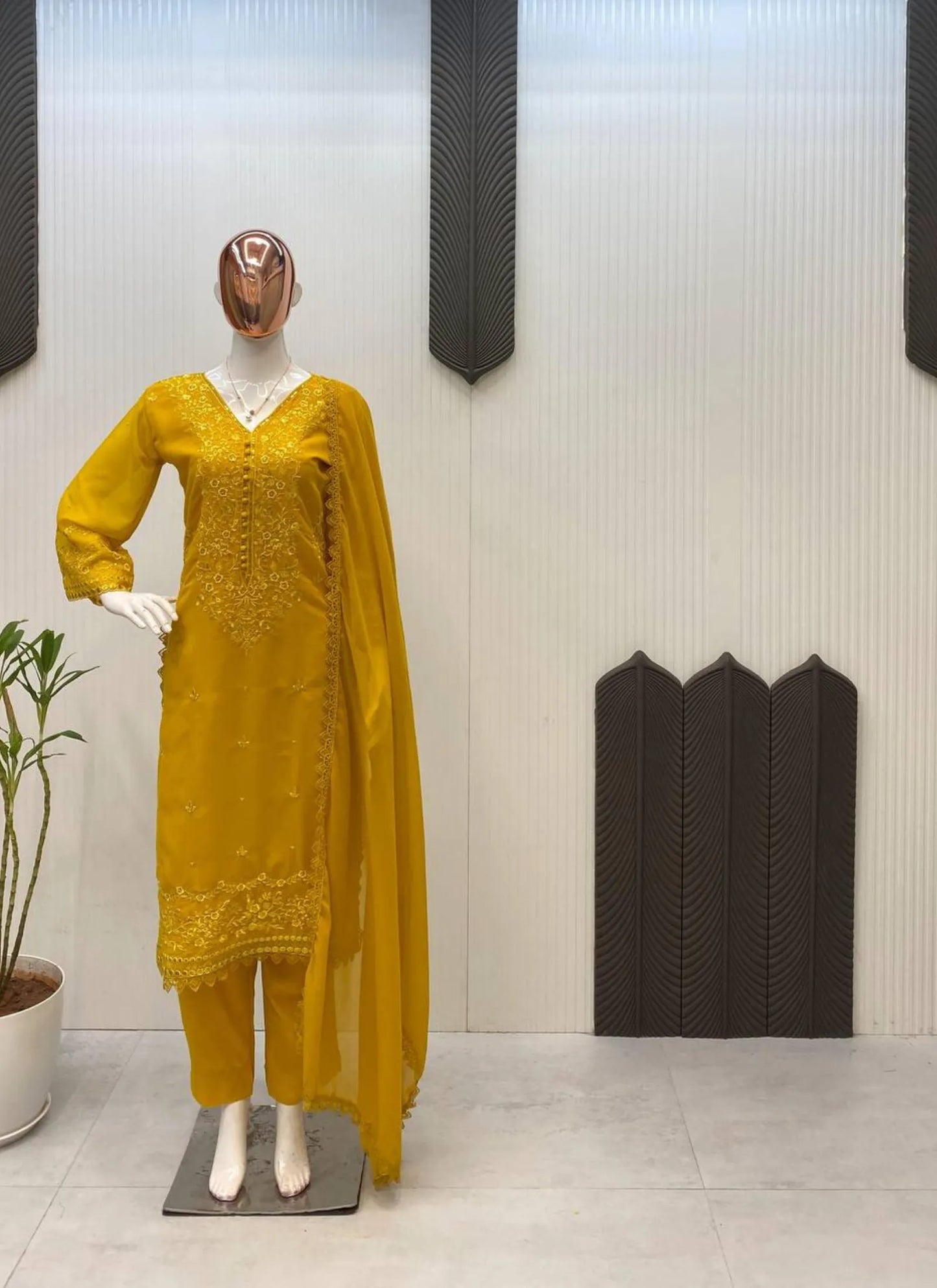 Premium Georgette Embroidery Salwar Suit Yellow