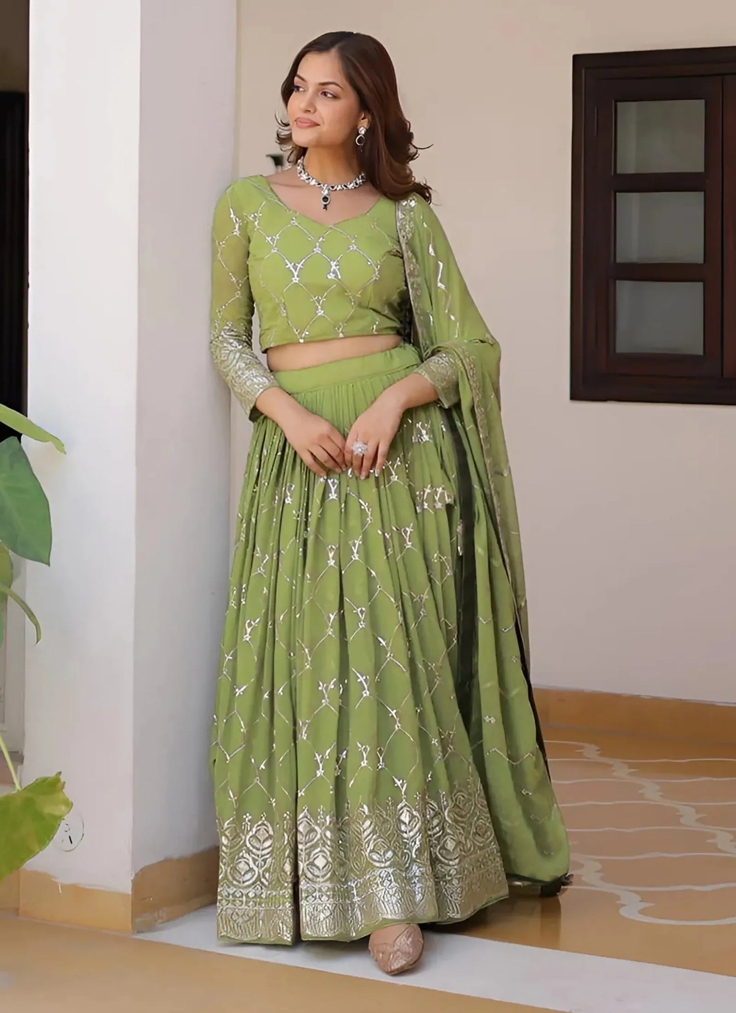 Salmon Semi Stitched Lehenga Choli Pista