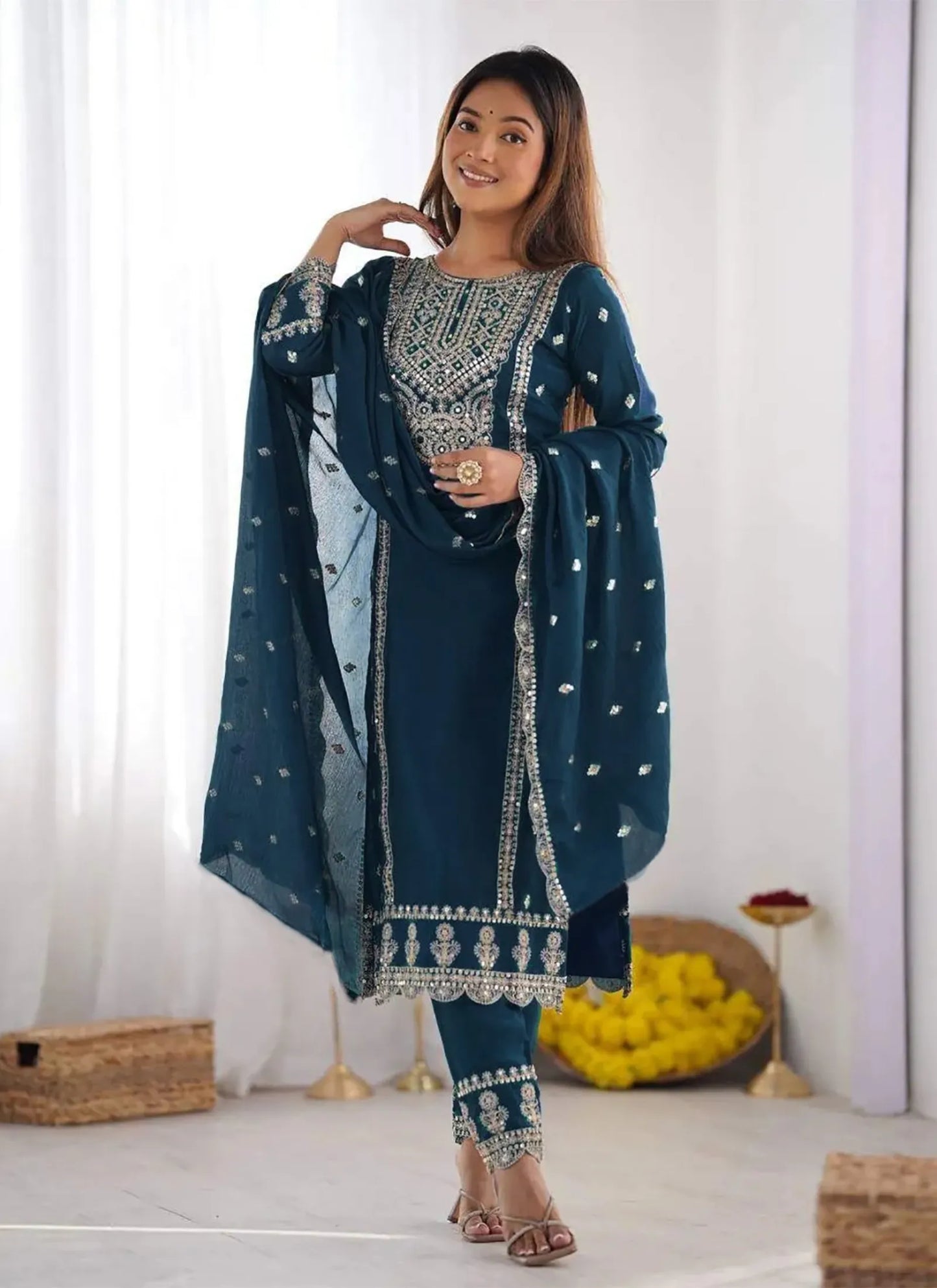 Tesla Silk Embroidery Kurta Set Teal