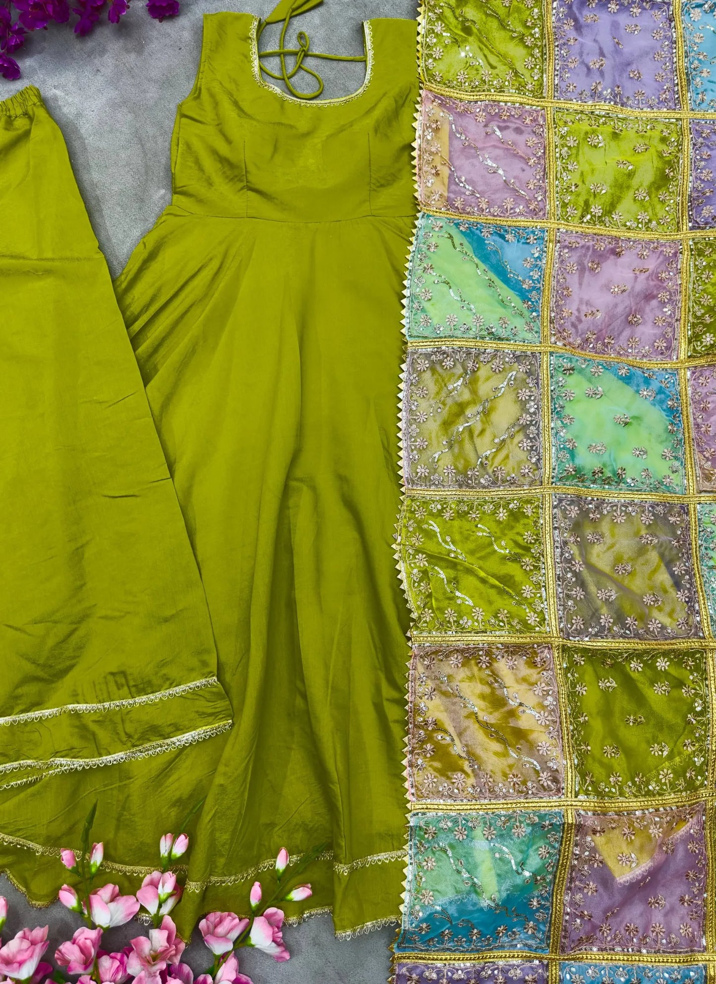 Mehndi Anarkali Suit With Multicolor Dupatta