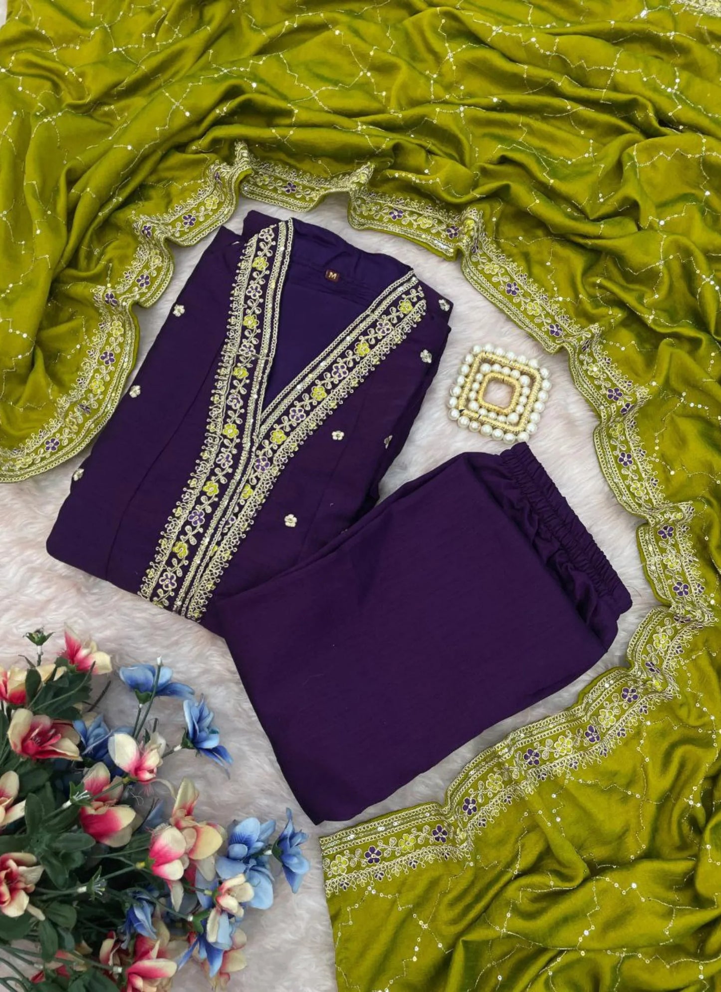 Premium Embroidery Anarkali Kurti Set Violet