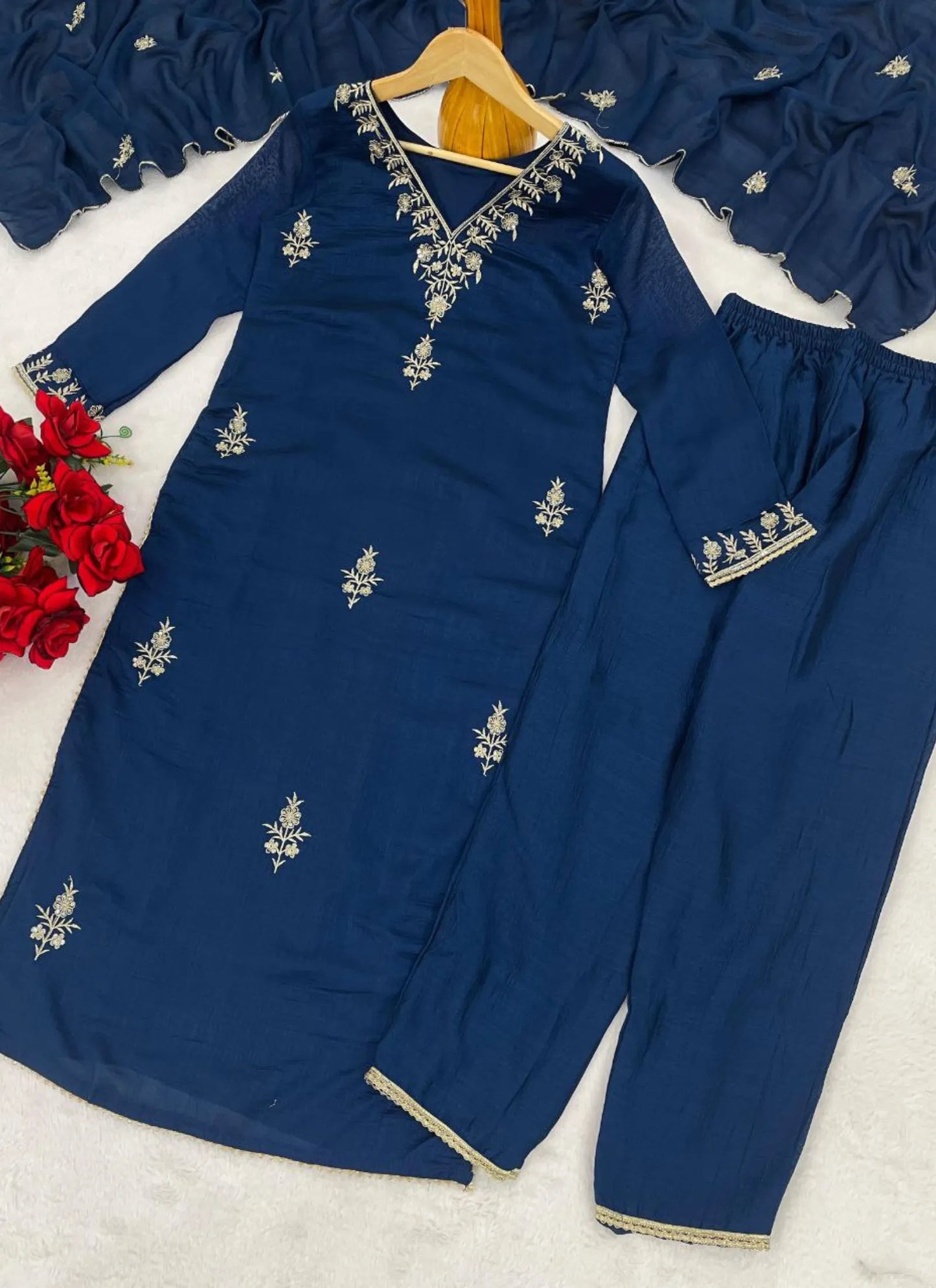 Premium Vichitra Silk Kurta Set Blue