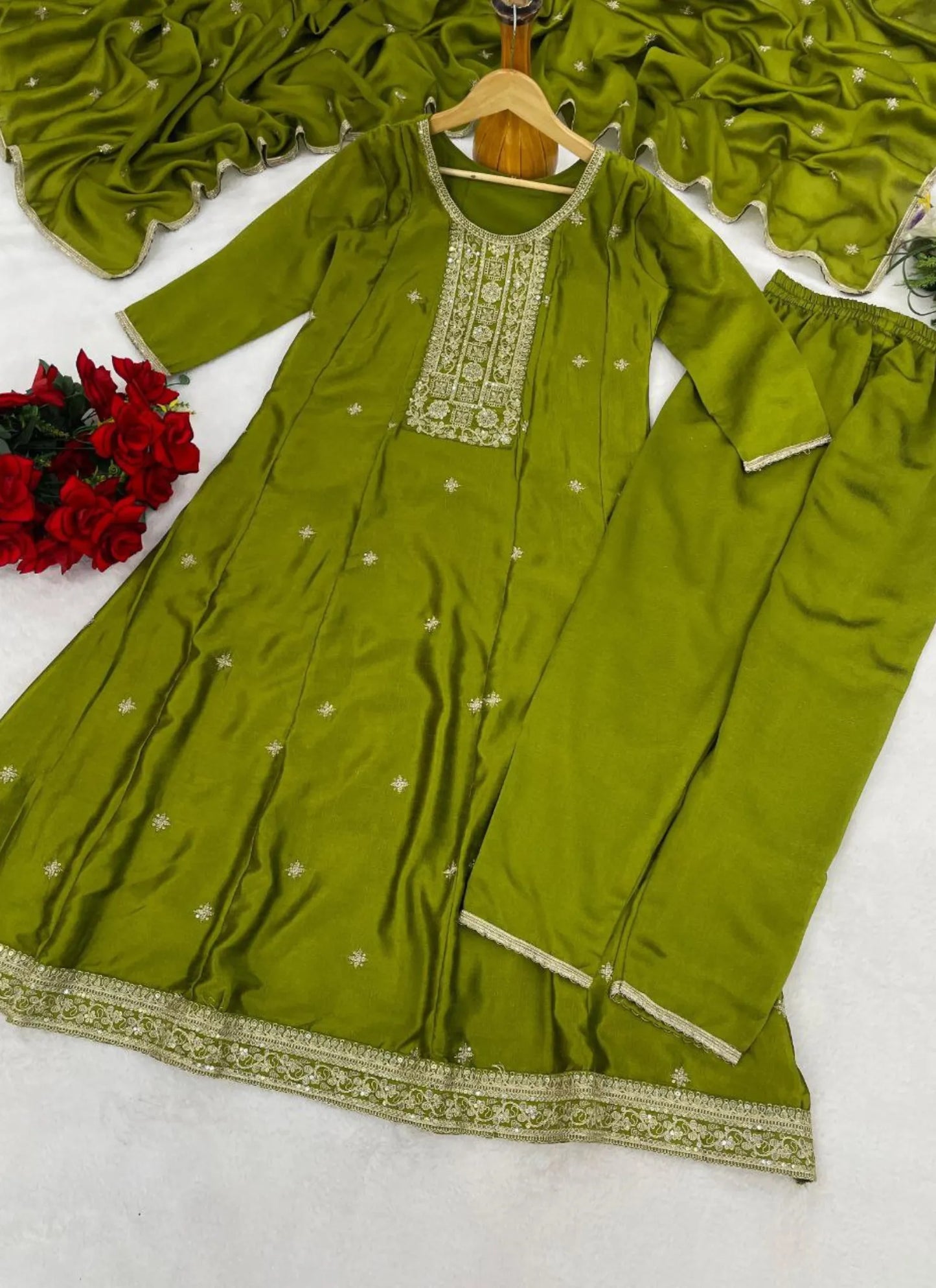 Designer Vichitra Silk Anarkali Kurti Green