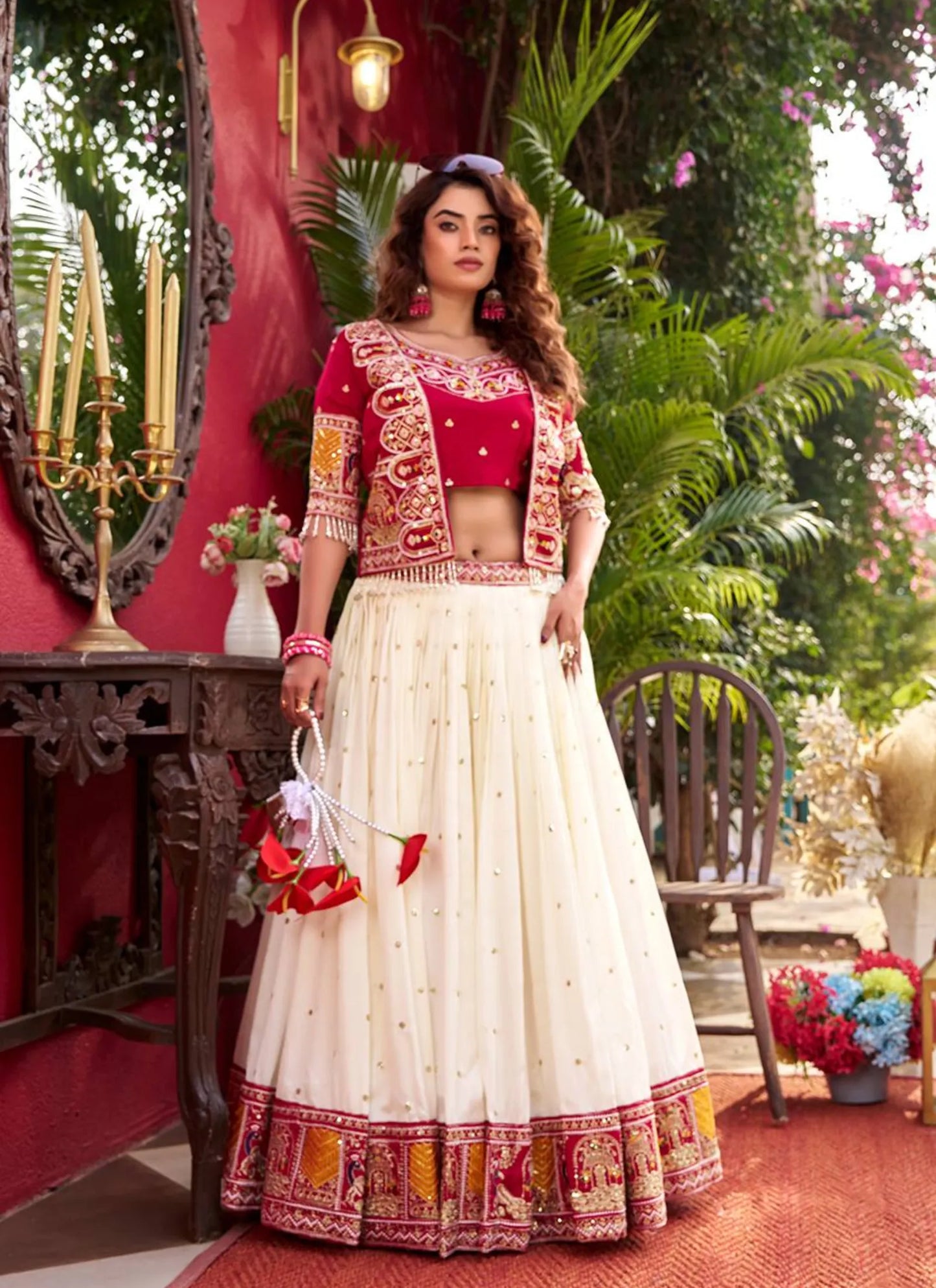Red Pure Vichitra Silk Embroidery Lehenga Choli