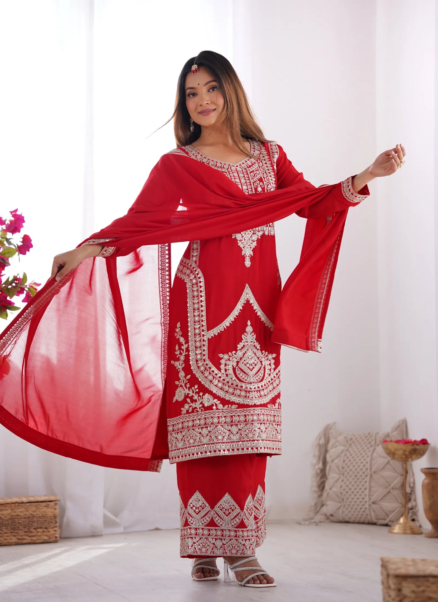 Pure Vichitra Silk Embridery Kurta Red