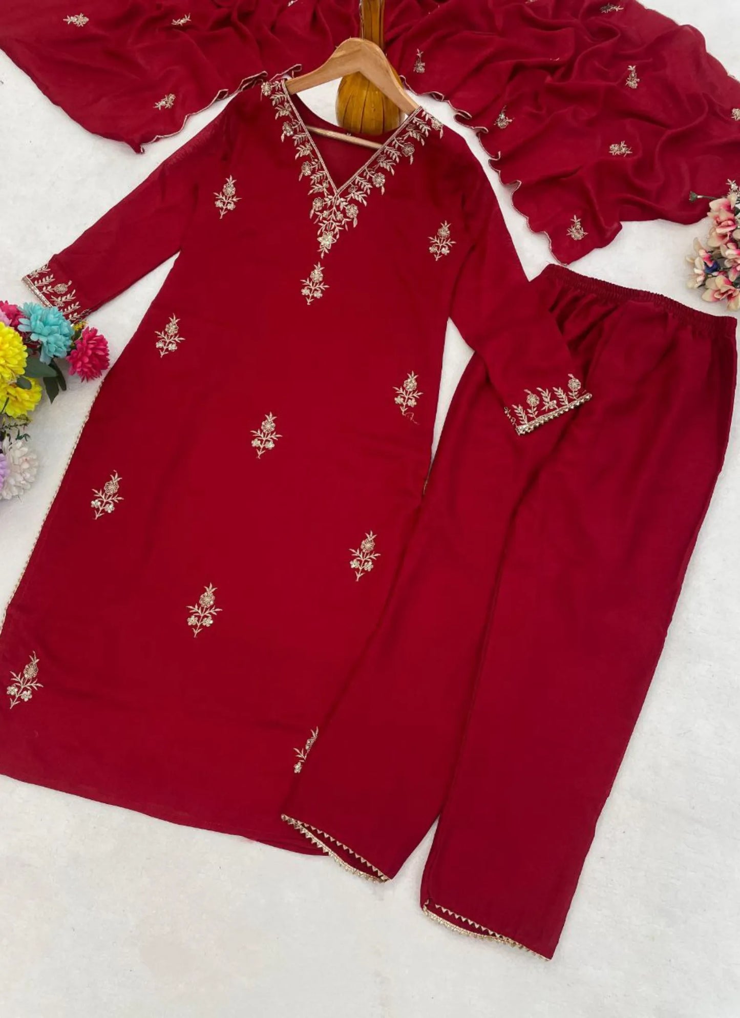 Premium Vichitra Silk Kurta Set Red