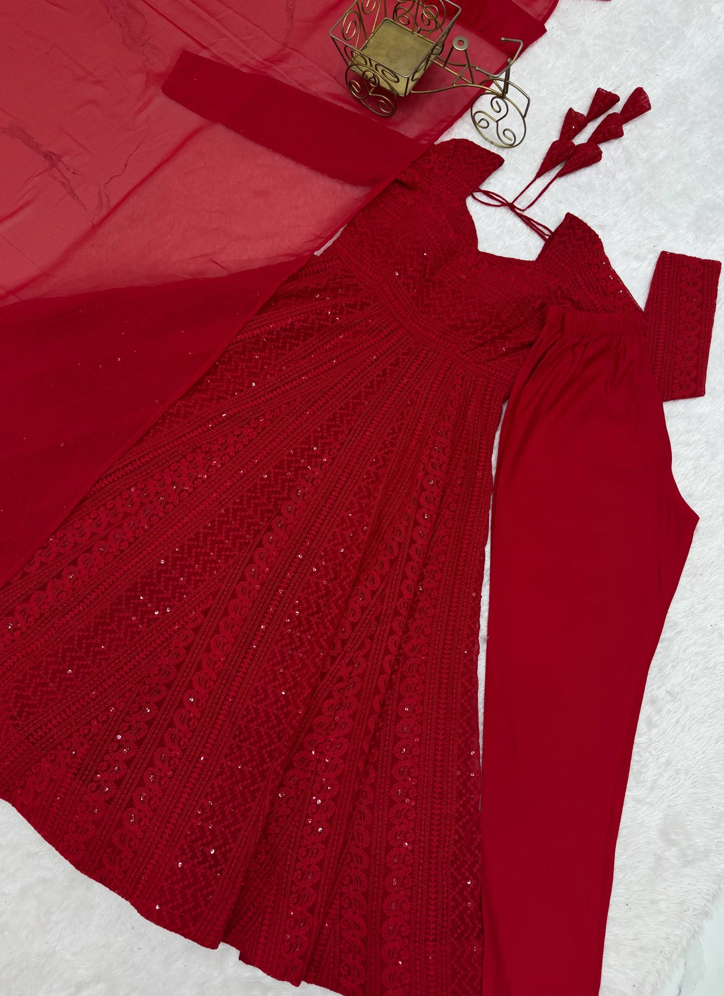 Red Lucknowi Sequence & Thread Work Anarkali Suit