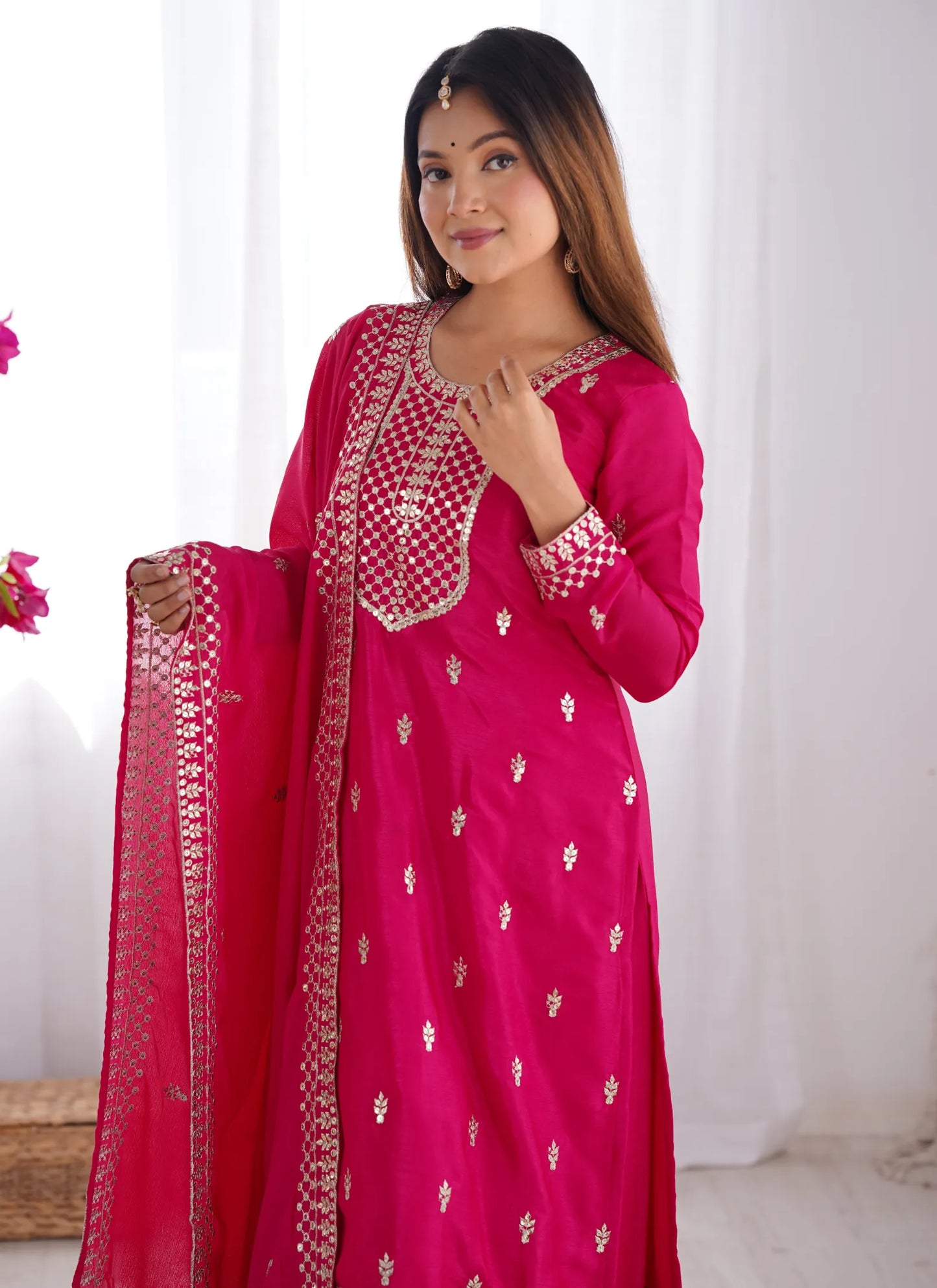 Pure Chinon Silk Embroidery Kurta Pink