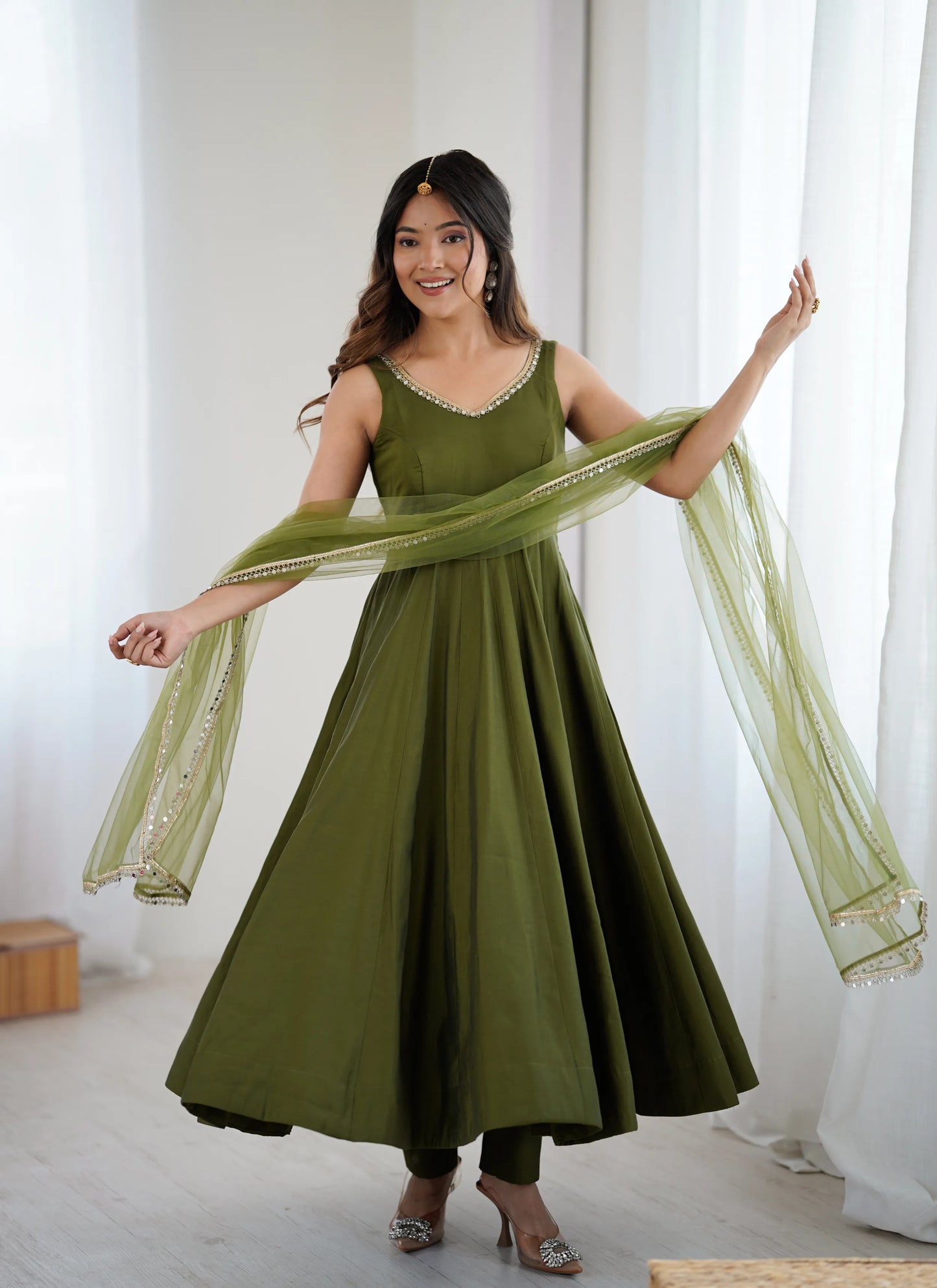 Pure Romansilk Chanderi Fabric Anarkali Mehandi