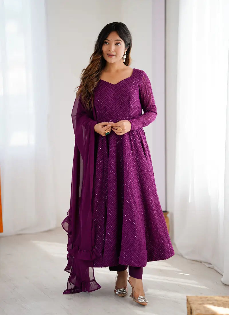 Classic Lucknowi Georgette Fabric Anarkali Suit Wine