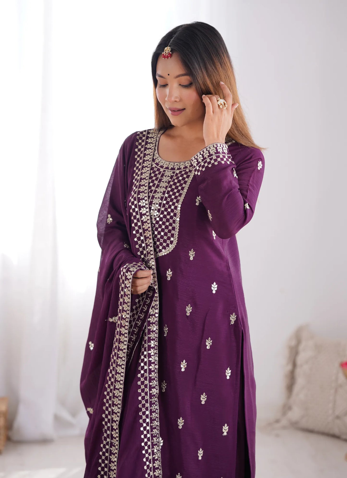 Pure Chinon Silk Embroidery Kurta Wine