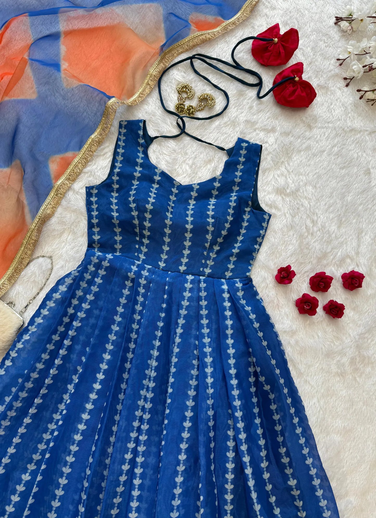 Pure Organza Silk Anarkali Gown Blue