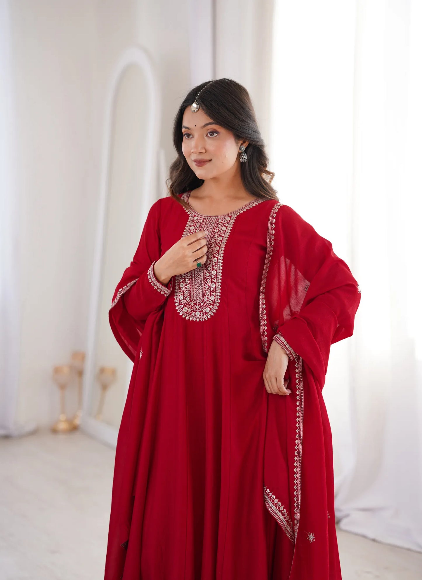 Dark Red Vichitra Silk Embroidered Gown