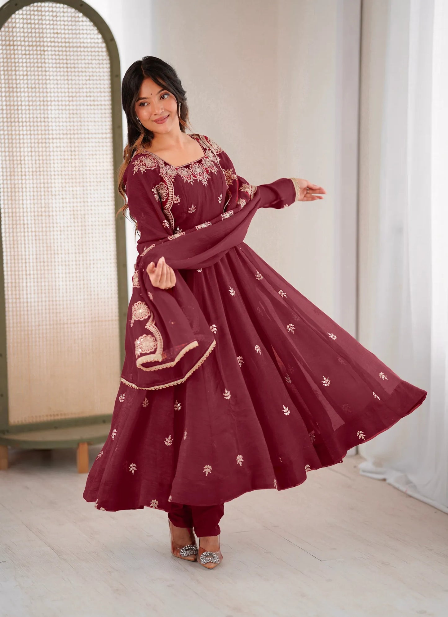 Maroon Designer Embroidered Anarkali Suit