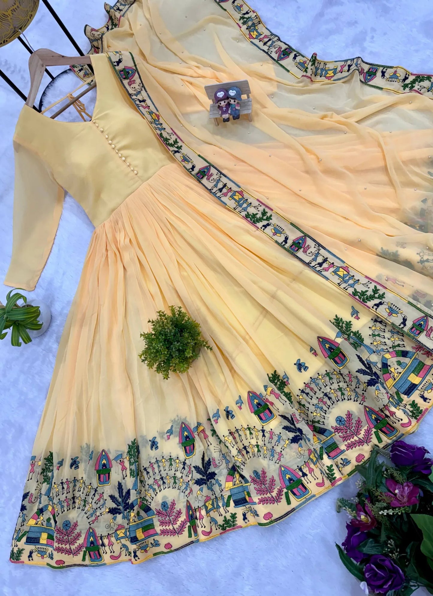 Yellow Embroidered Faux Georgette Gown