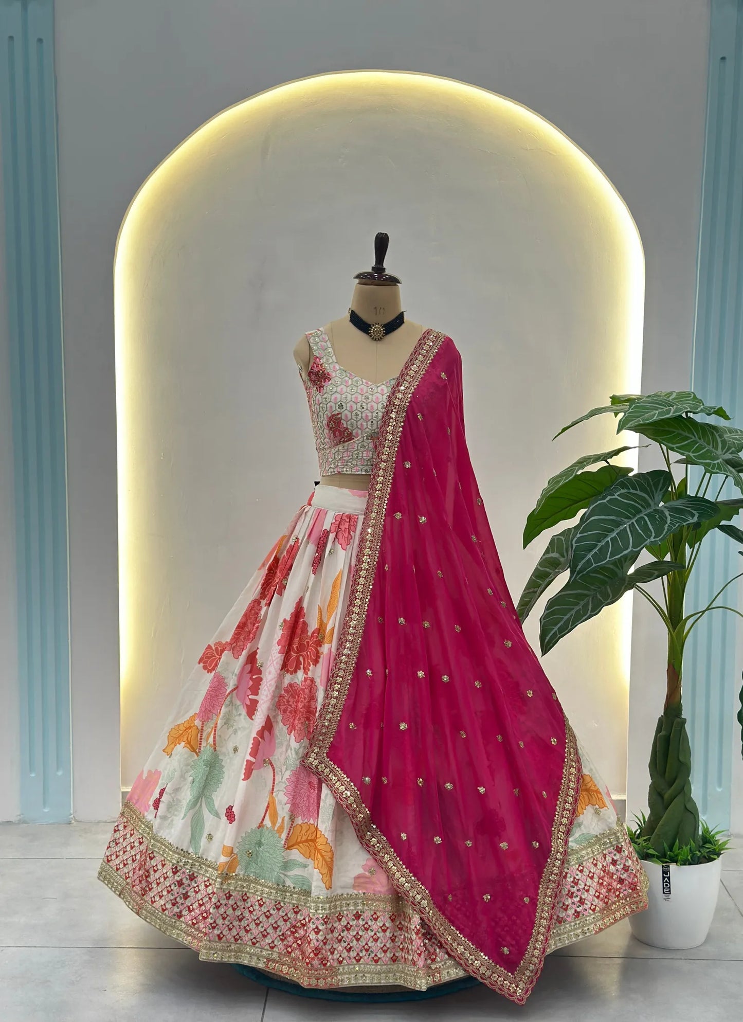 Floral Pink Chinon Silk Lehenga Choli