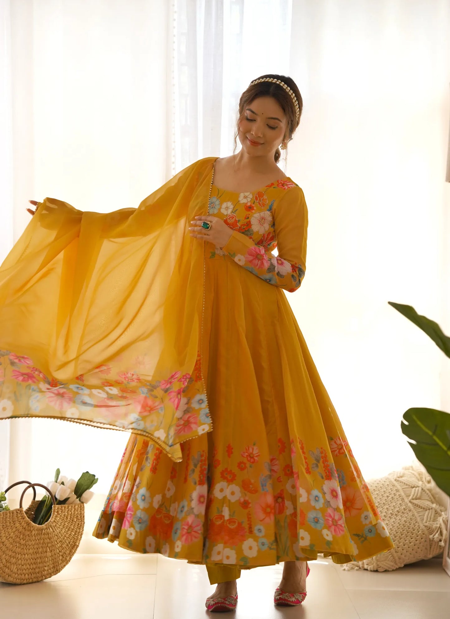 Pure Soft Organja Silk Anarkali Yellow