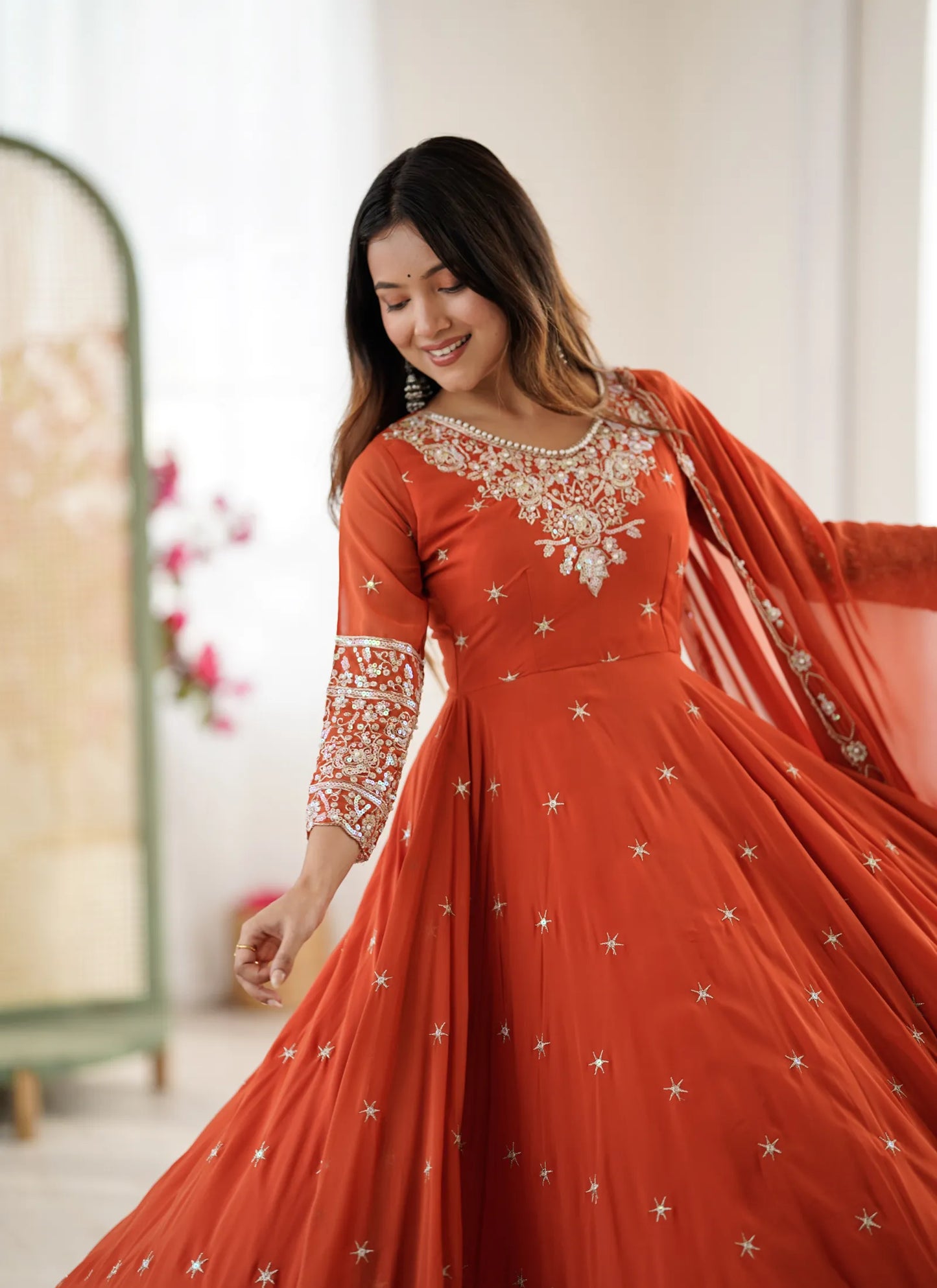 Orange Rembo Sequence Designer Anarkali Suit