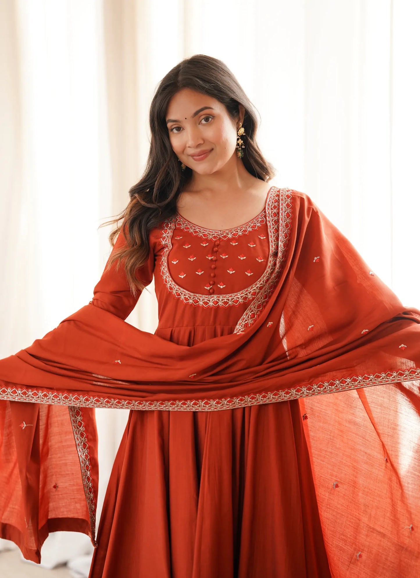 Orange Roman Chanderi Silk Anarkali Suit