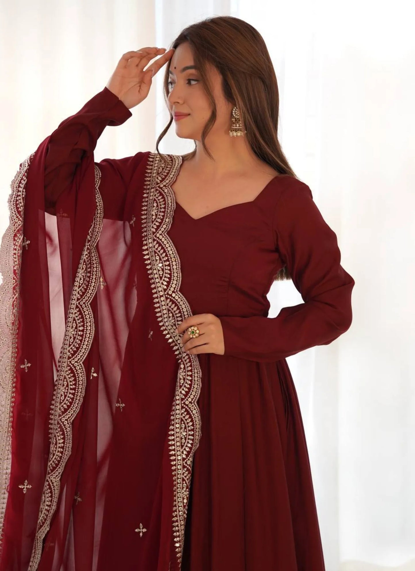 Pure Romansilk Chanderi Fabric Anarkali Maroon