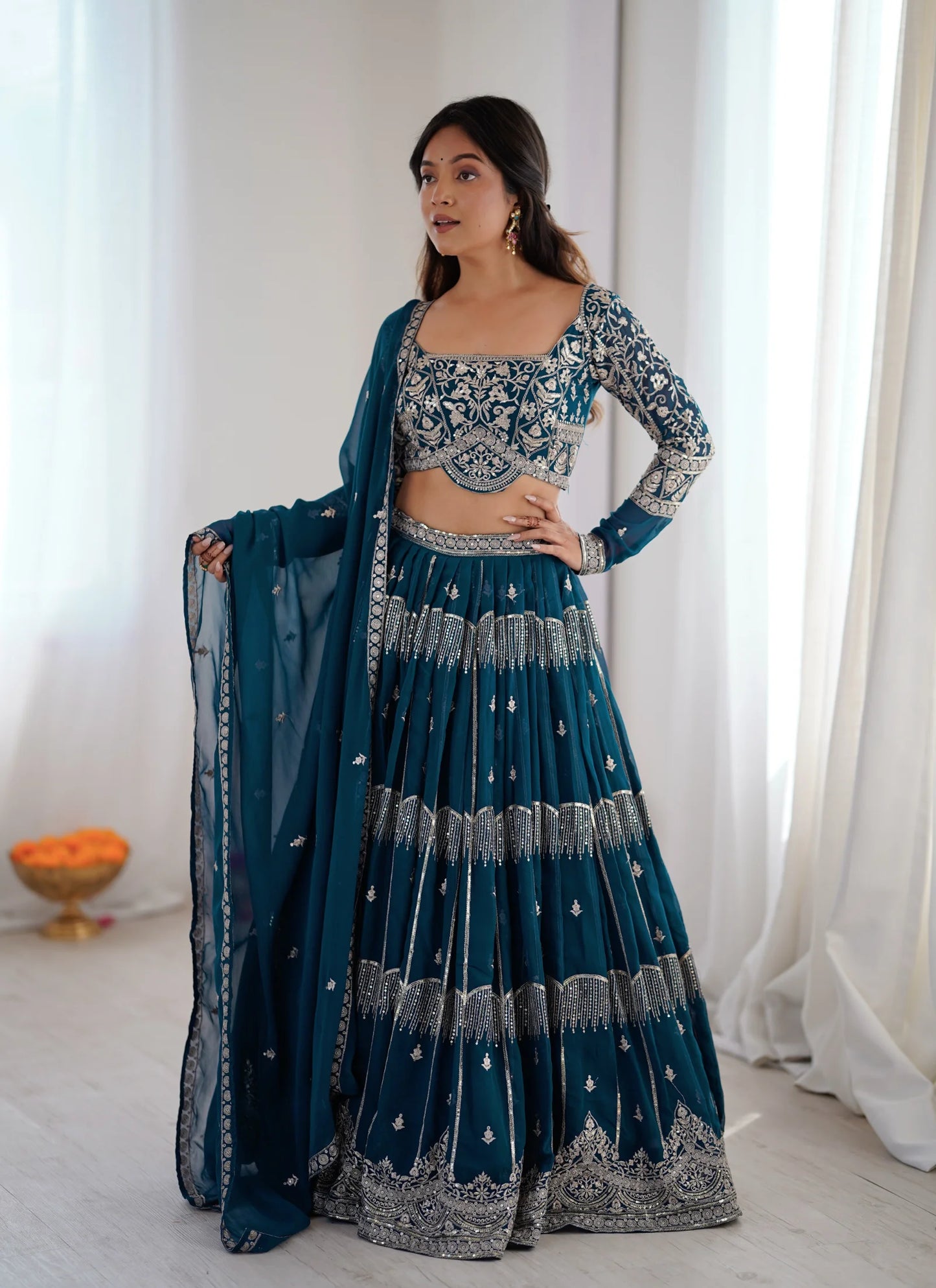 Blue Faux Georgette Thread Embroidery Lehenga Choli