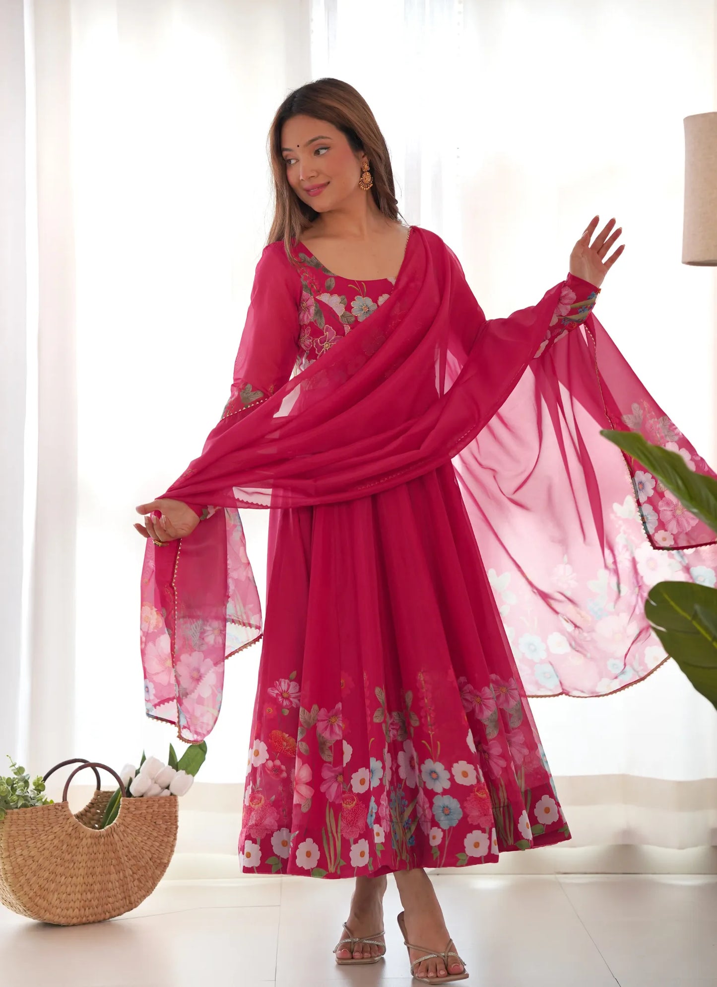 Pure Soft Organja Silk Anarkali Pink