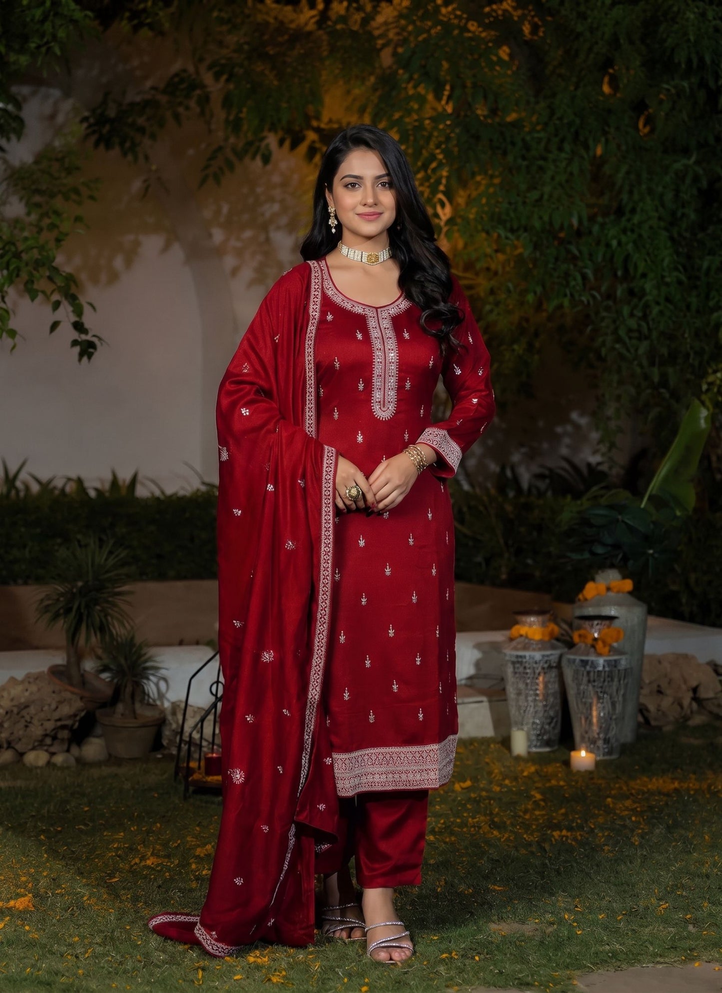Red Vichitra Silk Premium Designers Kurta Set