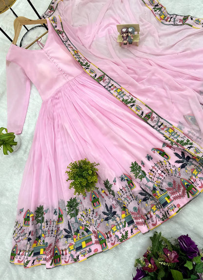Purple Embroidered Faux Georgette Gown