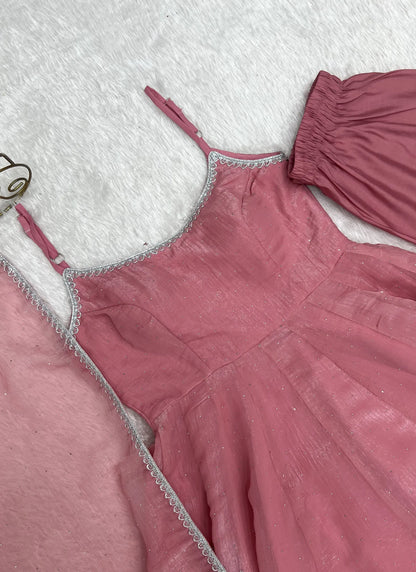 Pink Crunchy Silk Fabrics Fully Flair Anarkali