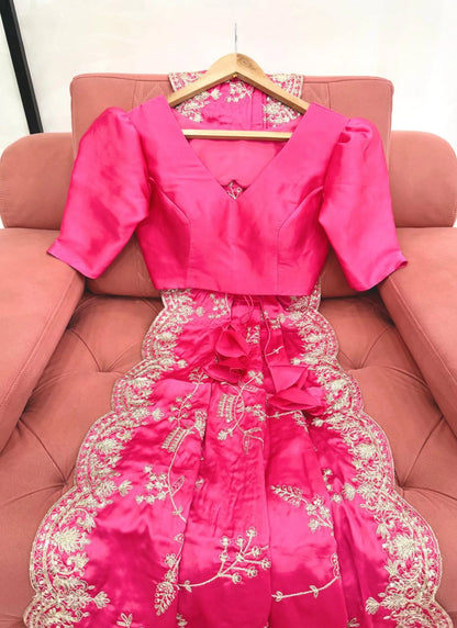 Pink Heavy Satin Silk With Embroidery Saree