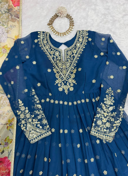 Blue Georgette Thread Work Anarkali Suit