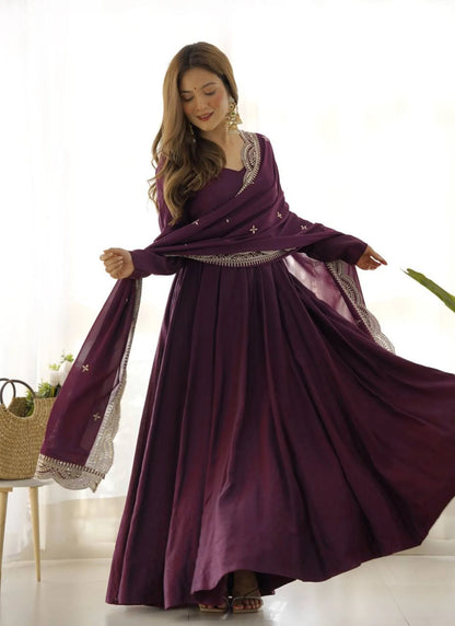 Pure Romansilk Chanderi Fabric Anarkali Wine