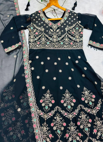 Black Faux Blooming Fabric Thread Embroidered Anarkali Suit
