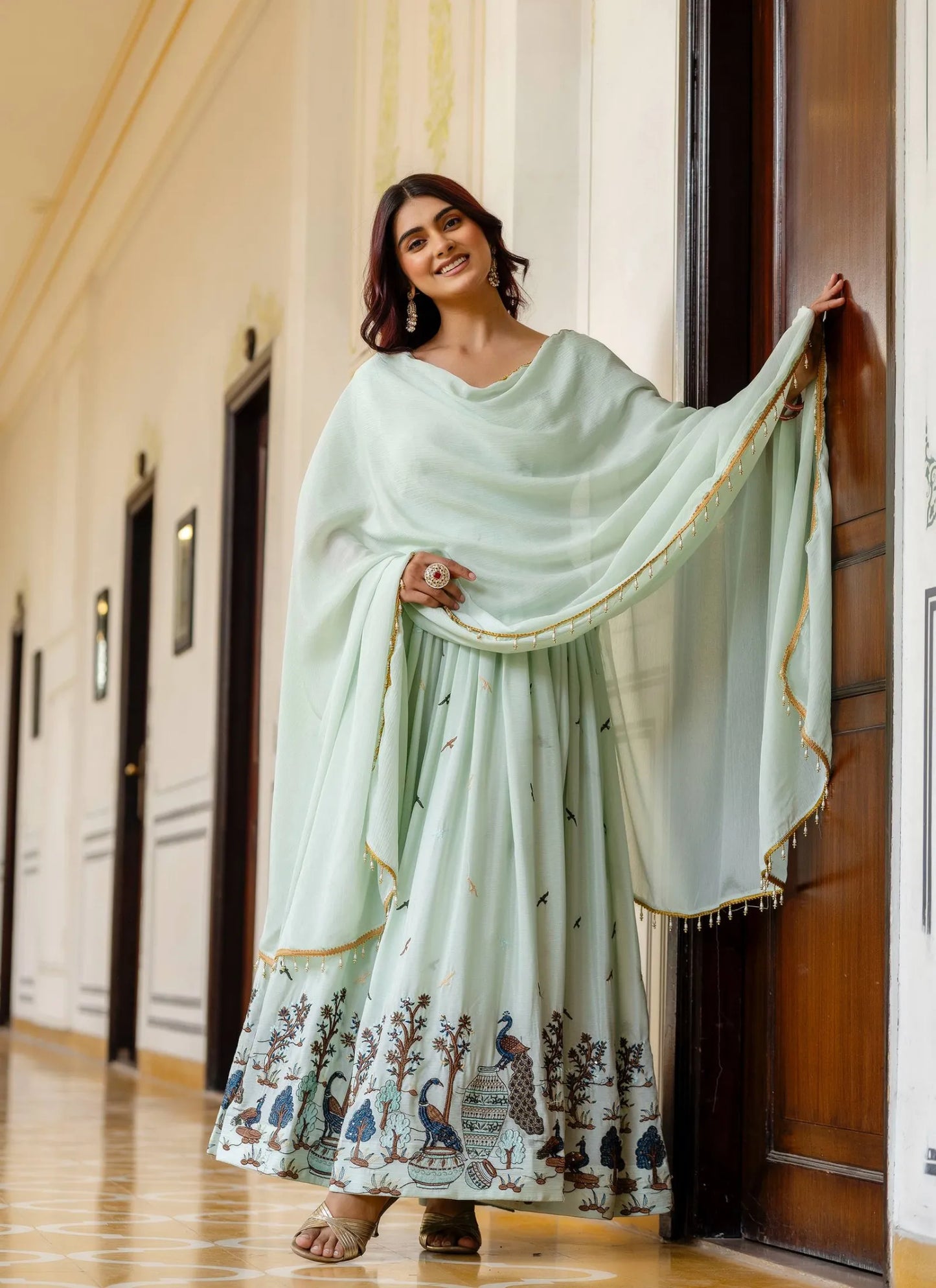 Green Embroidered Chinon Fabric Gown