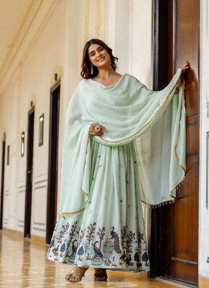 Green Embroidered Chinon Fabric Gown