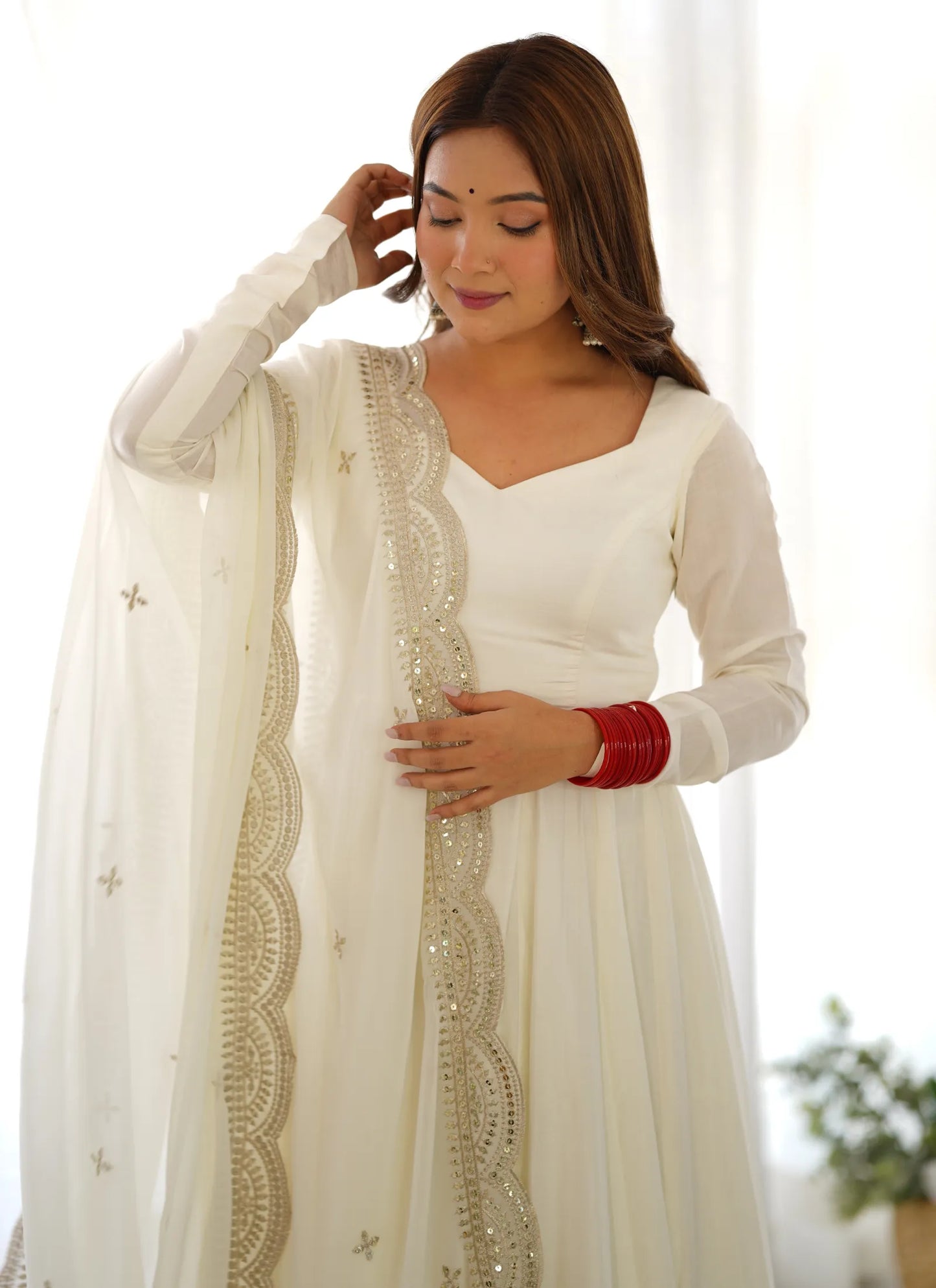 Pure Romansilk Chanderi Fabric Anarkali White