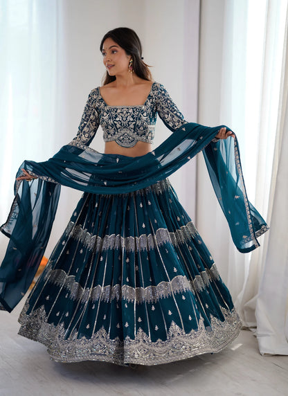 Blue Faux Georgette Thread Embroidery Lehenga Choli