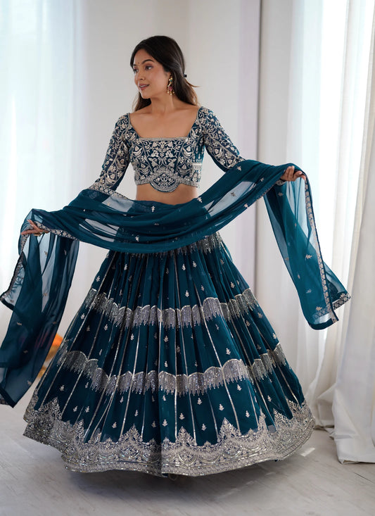 Blue Faux Georgette Thread Embroidery Lehenga Choli