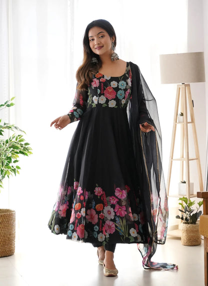 Pure Soft Organja Silk Anarkali Black