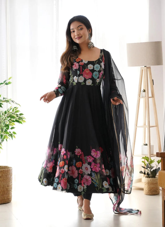 Pure Soft Organja Silk Anarkali Black