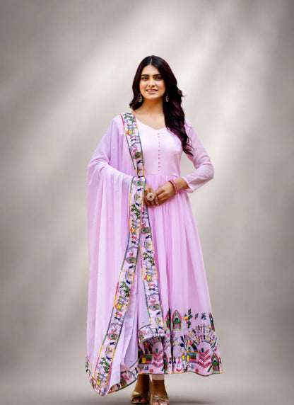 Purple Embroidered Faux Georgette Gown