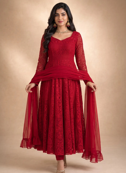 Red Lucknowi Sequence & Thread Work Anarkali Suit