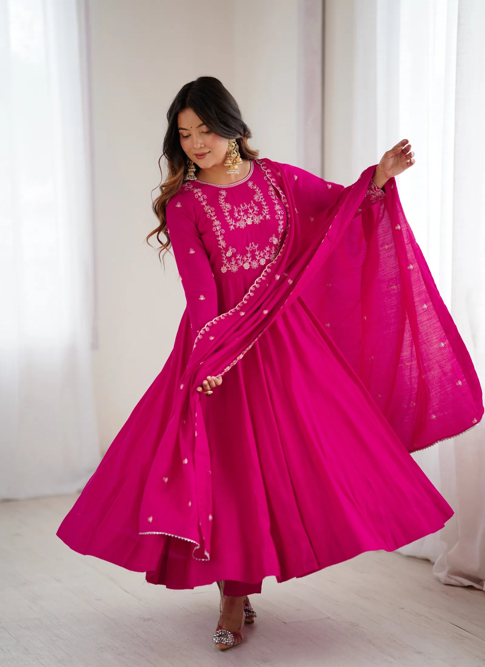 Premium Pure Roman Silk Anarkali Suit Pink
