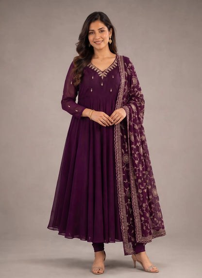 Wine Elegant Embroidered Anarkali Suit